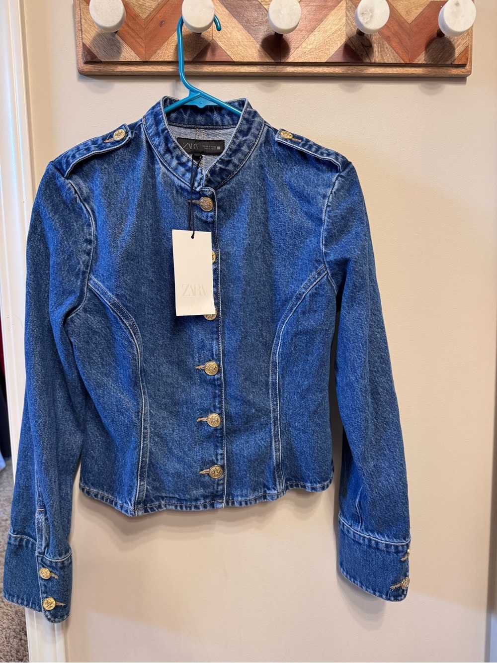 ZARA Dark Blue Military-Style Denim Jacket gold buttons
